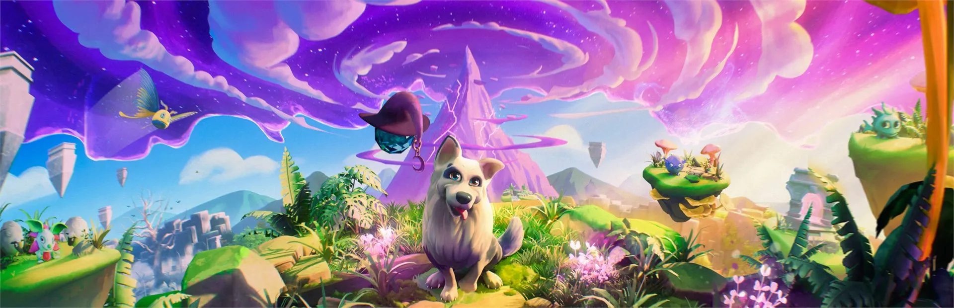 Herdles: the dog hero sits in a vibrant landscape under a swirling purple sky