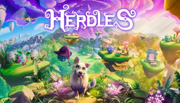 Herdles: the dog hero in front of a magical landscape
