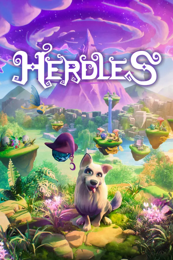 Herdles key art: the dog hero in a vibrant magical landscape