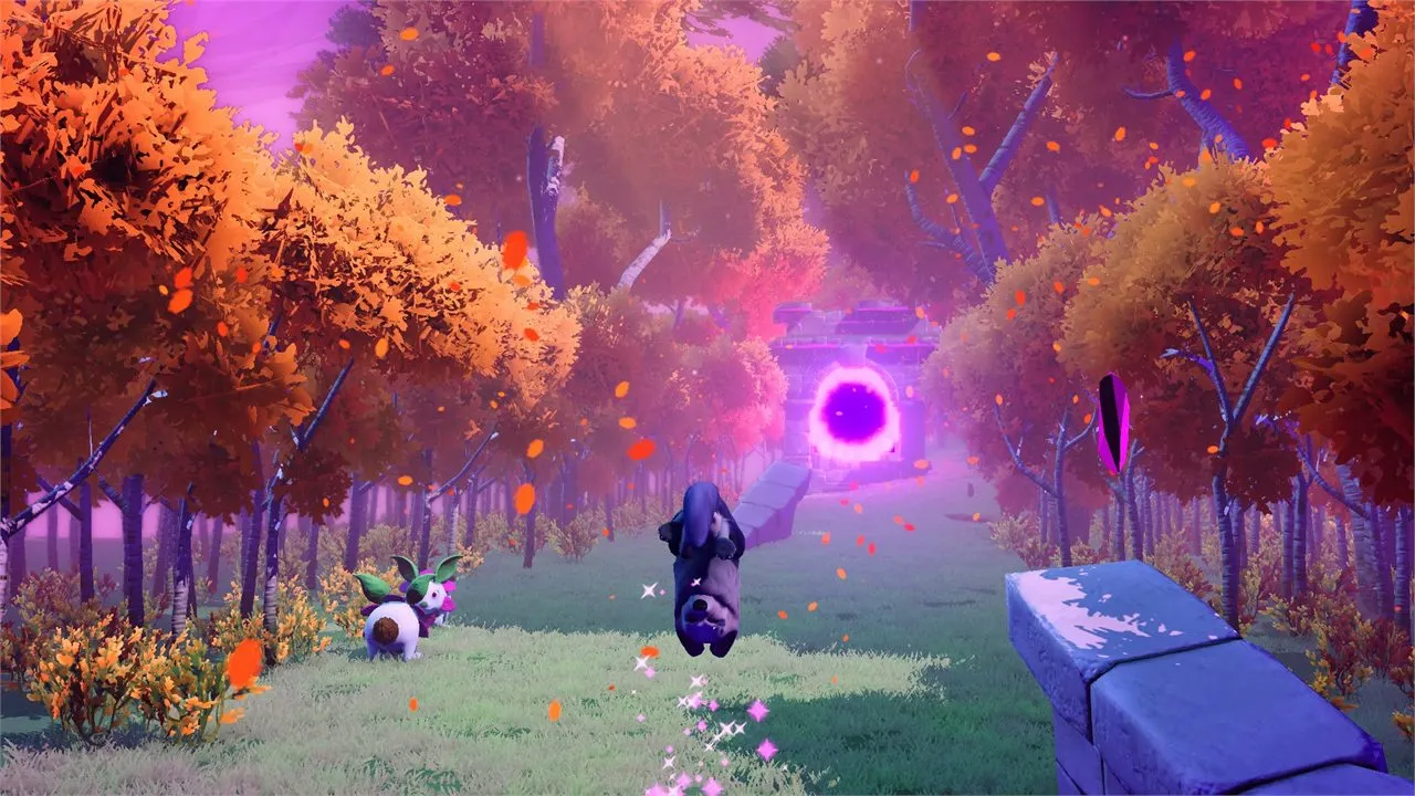 The dog leaps along an autumn forest path towards a glowing purple portal