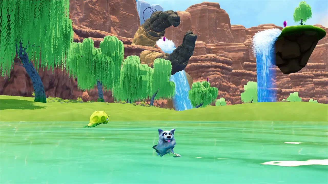 The dog swims in a turquoise lake below red cliffs and waterfalls