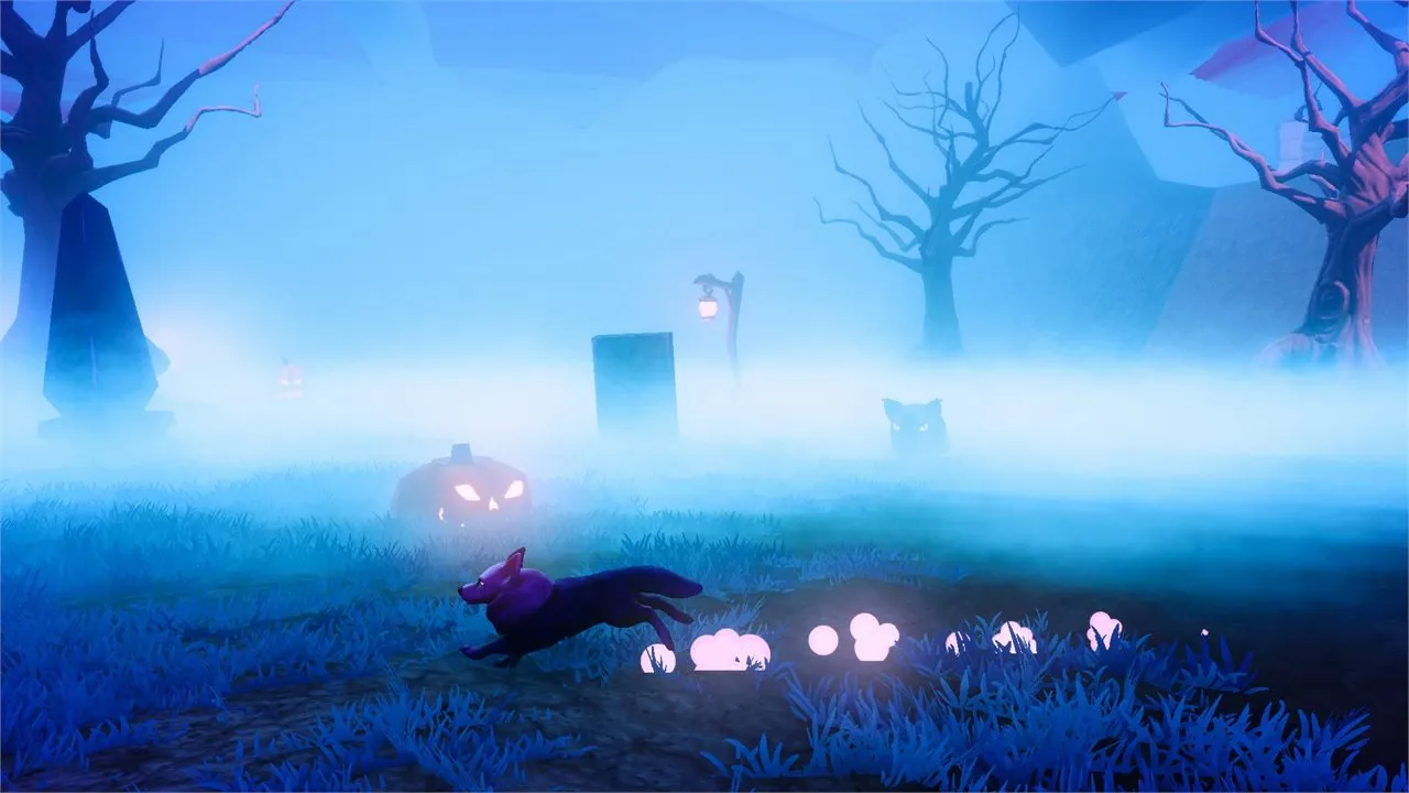 The dog runs through a foggy graveyard lit by jack-o’-lanterns