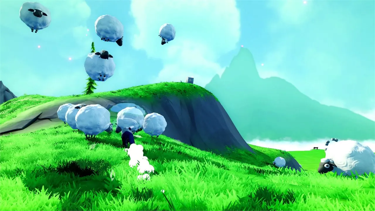 Fluffy sheep float above a grassy hill