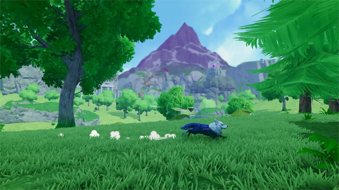 The dog dashes across a sunny meadow below a purple mountain