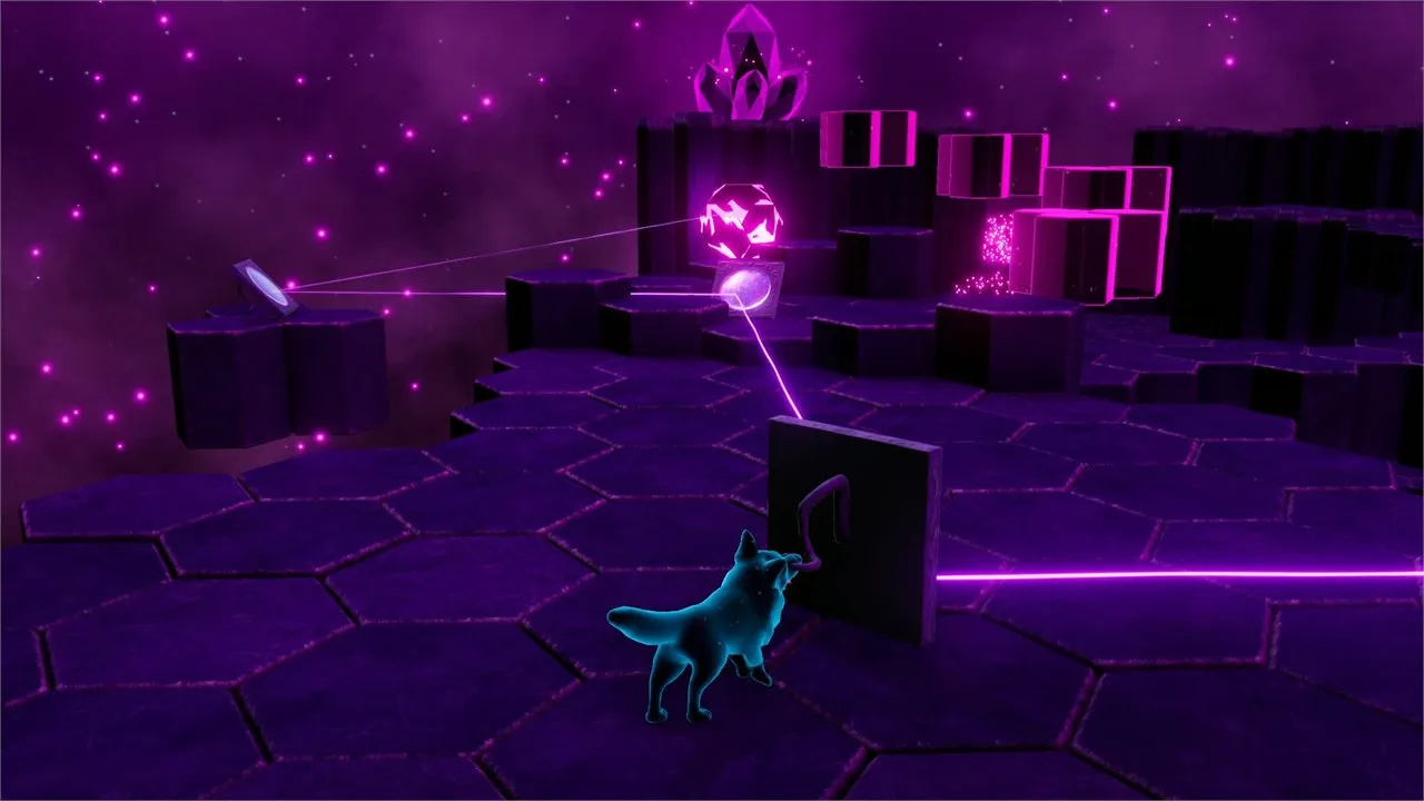 A light-beam puzzle on glowing hexagon tiles in the Netherrealm