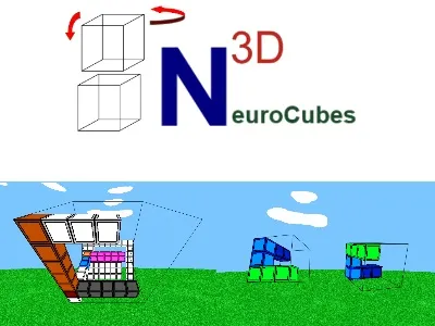 Neurocubes 3D: logo above a scene of 3D cube puzzles on a meadow