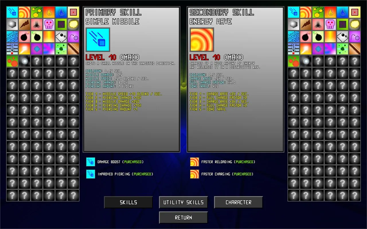 The skill menu with primary and secondary skills