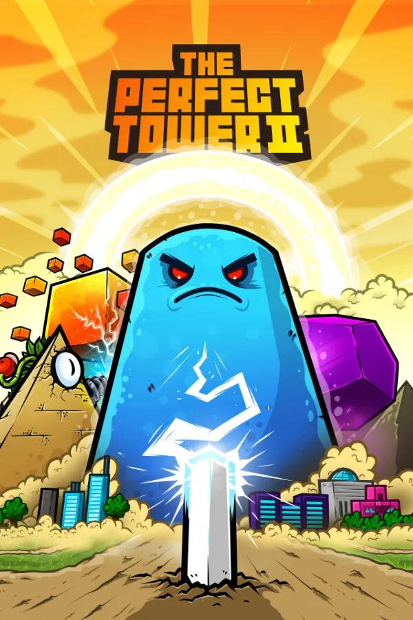 The Perfect Tower II key art: a giant angry blue blob towers over a town