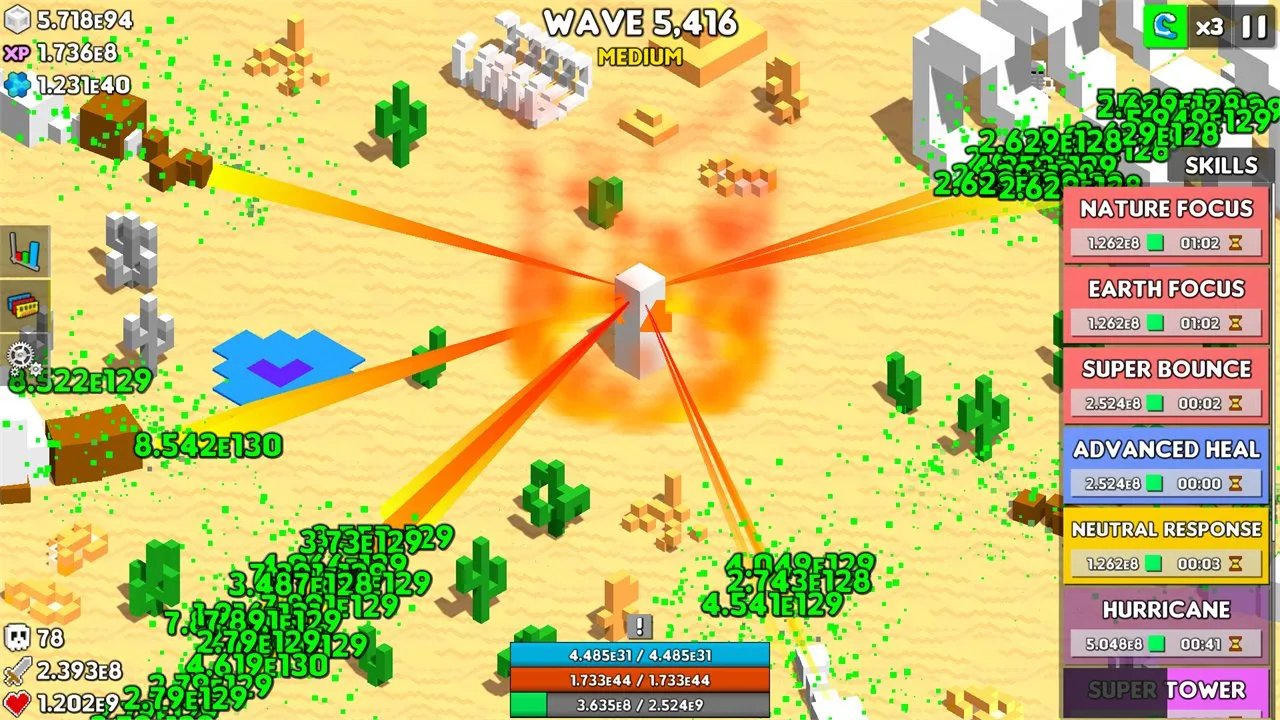 Desert region: the tower fires lasers at a huge wave of enemies